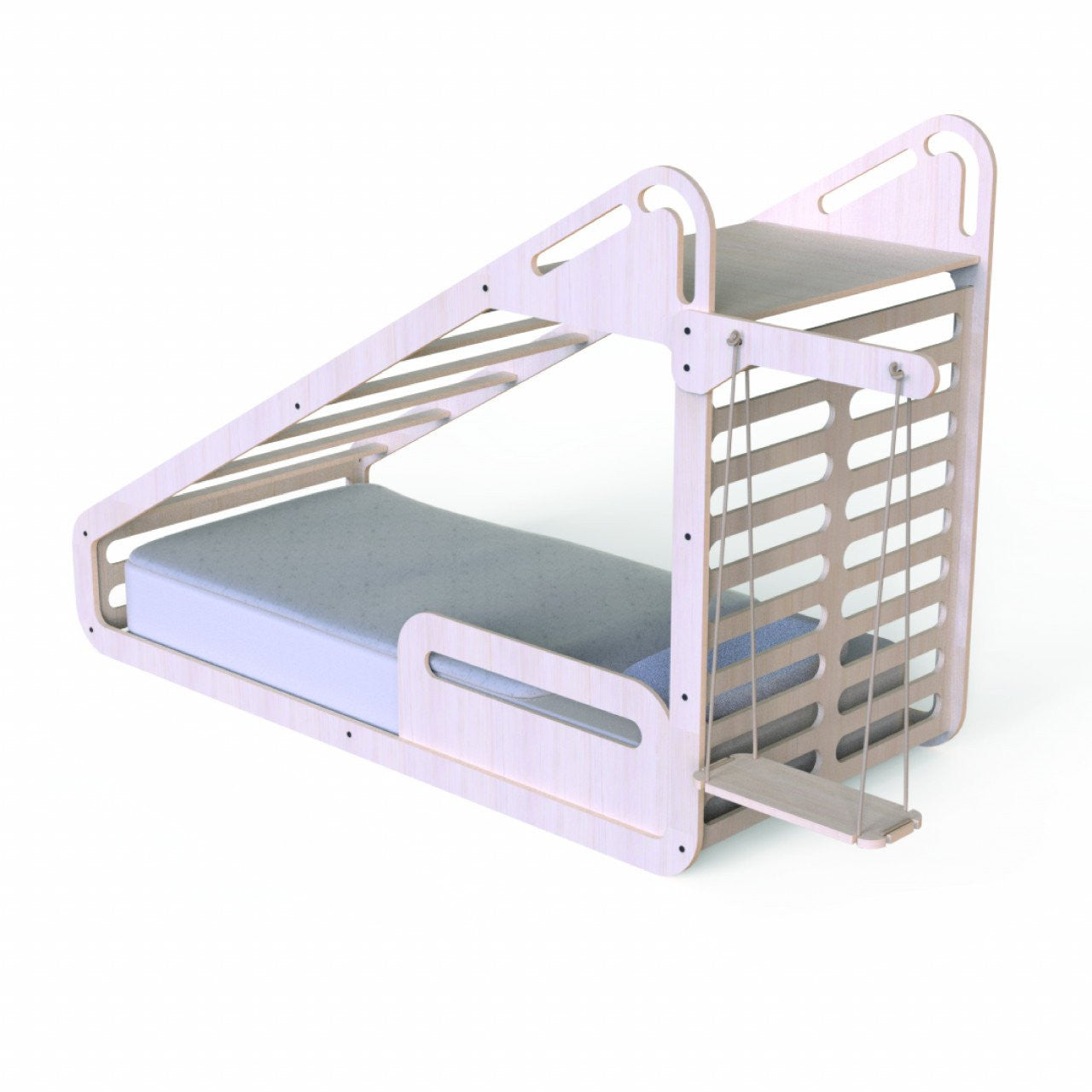 Pat Montessori din lemn MamaToyz, cu tobogan, tabla de scris, masuta si leagan, Natur